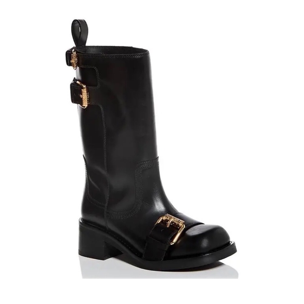 MOSCHINO Black Leather Buckled Square Toe Boots Made in Italy Size 35 US‎ 5